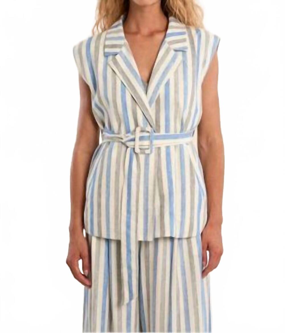 NEW MOLLY BRACKEN striped linen blend woven vest in blue